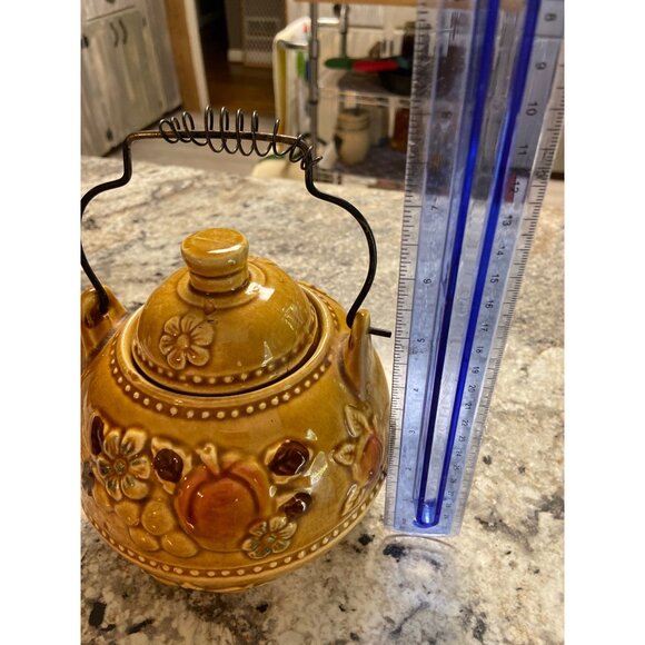 Vintage Japanese Ceramic Teapot Brown Glaze Floral Peach Design Wire Handle - Picture 11 of 11